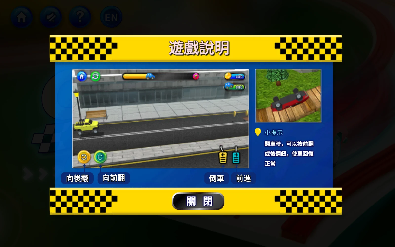 看看控制說明：左側兩鈕是向後翻、向前翻；右側是倒車、前進。