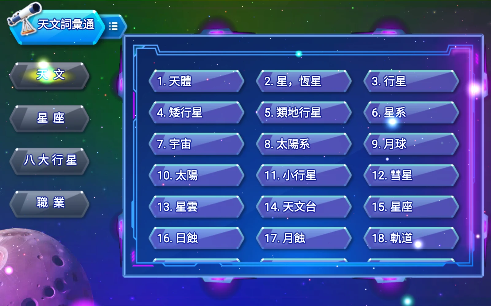 天文詞彙通的天文分類清單