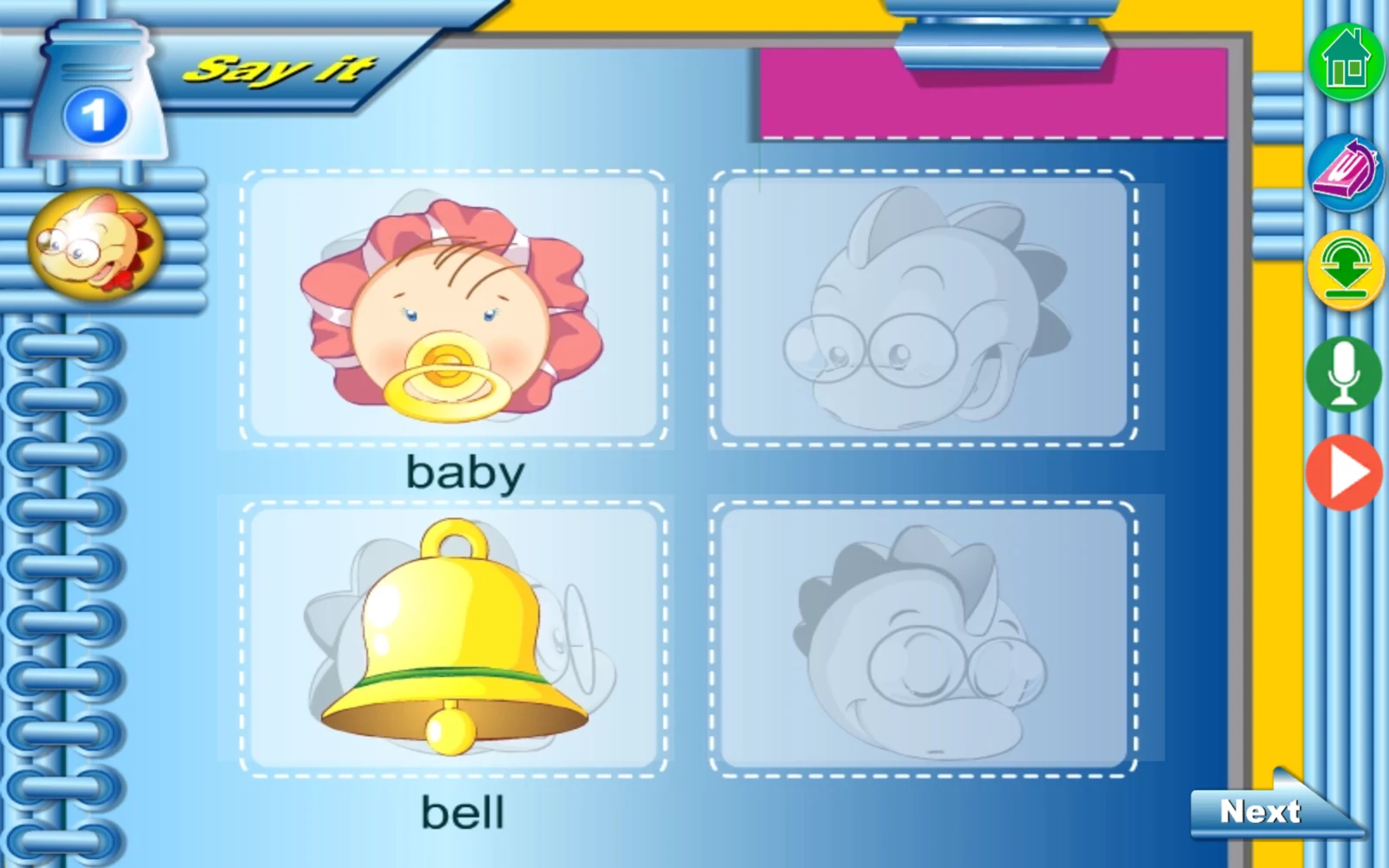 P1 Say It 顯示 baby、bus、bell、ball 四張圖卡