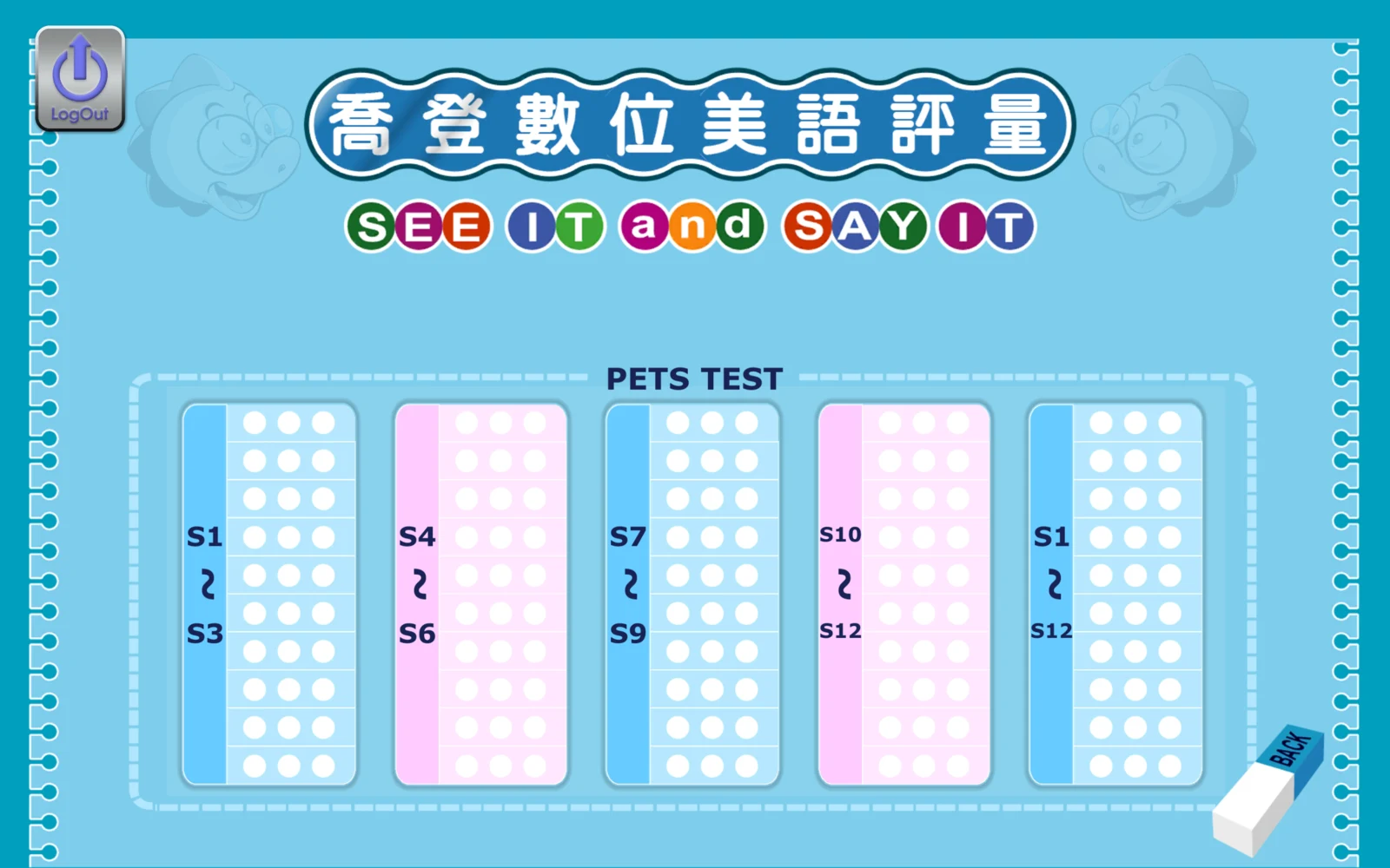 五個測驗範圍的主選單
