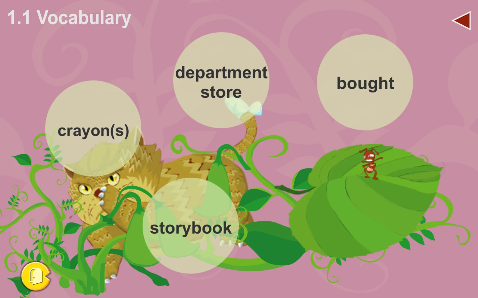 S8 Activities 1.1 Vocabulary 畫面，顯示 crayons、department store、bought 與 storybook 圖卡