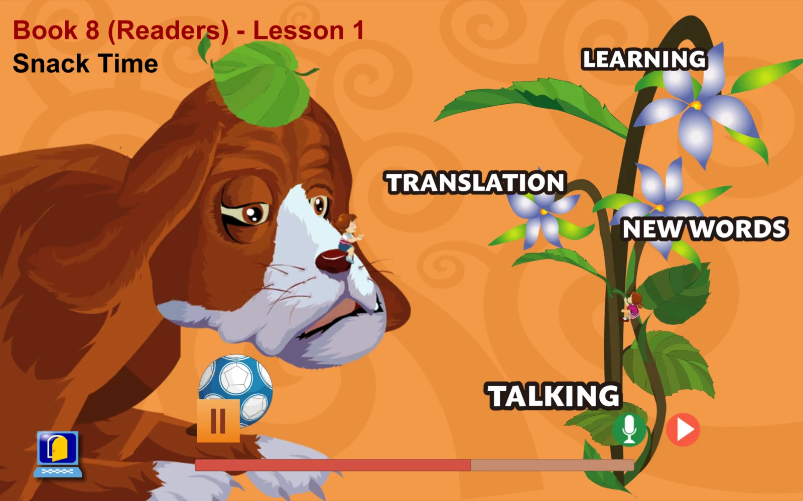 S8 Readers 第一課 Snack Time 畫面，顯示 Learning、Translation、New Words、Talking 與播放控制