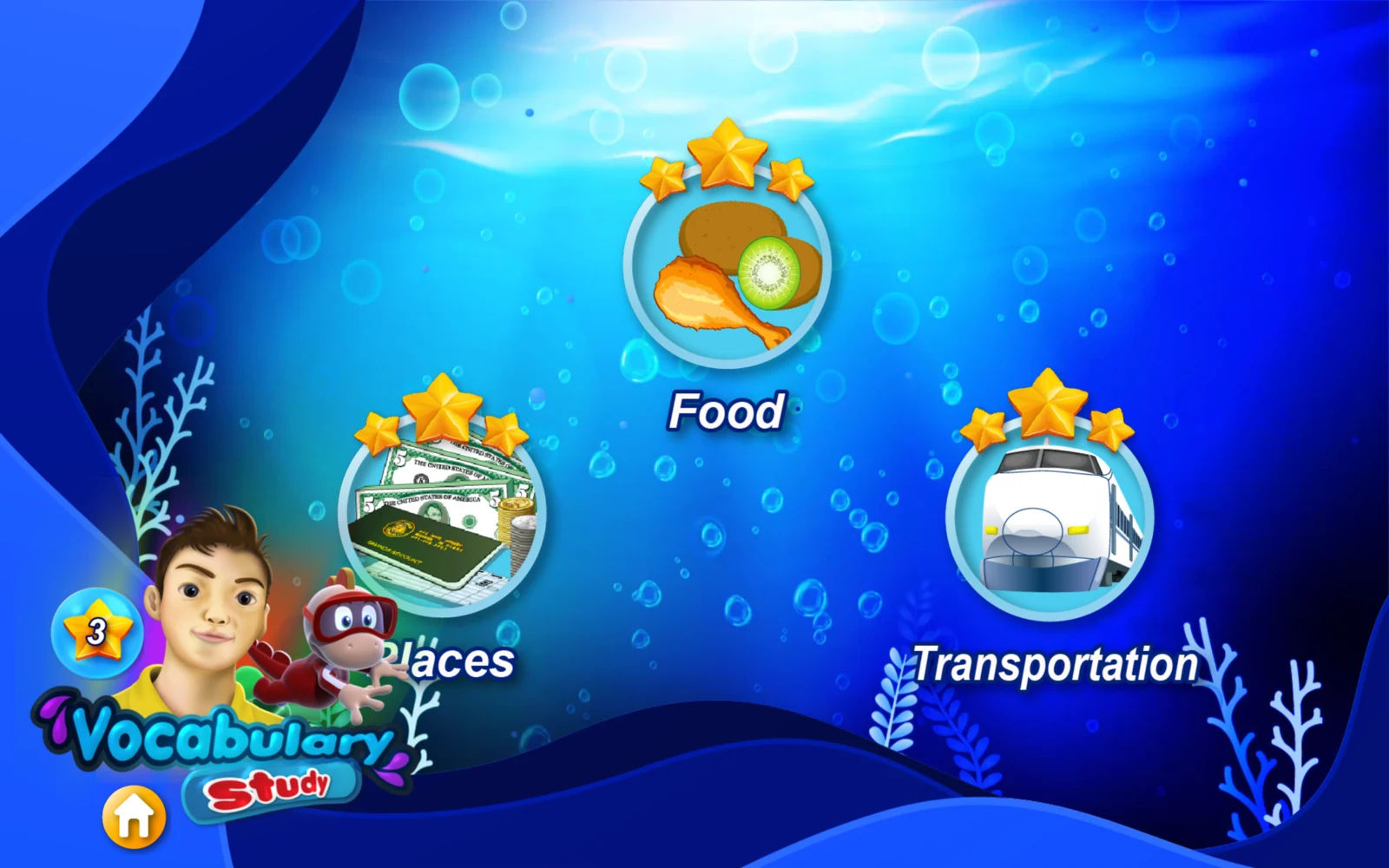 外師教單字 3:選擇 Food、Places 或 Transportation。